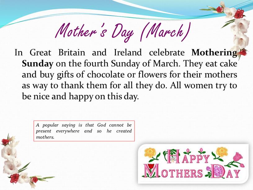 Mother’s Day (March) In Great Britain and