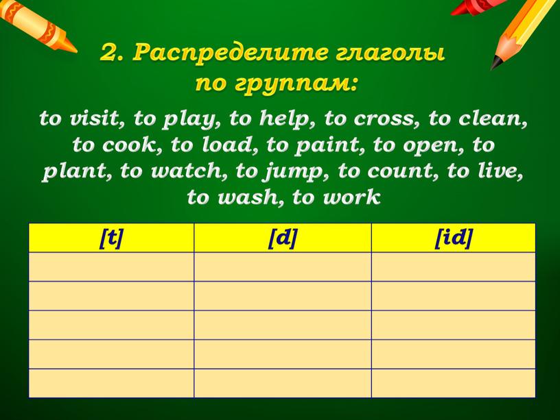 Распределите глаголы по группам: to visit, to play, to help, to cross, to clean, to cook, to load, to paint, to open, to plant, to…