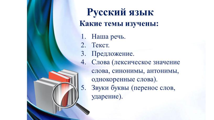 Русский язык Какие темы изучены: