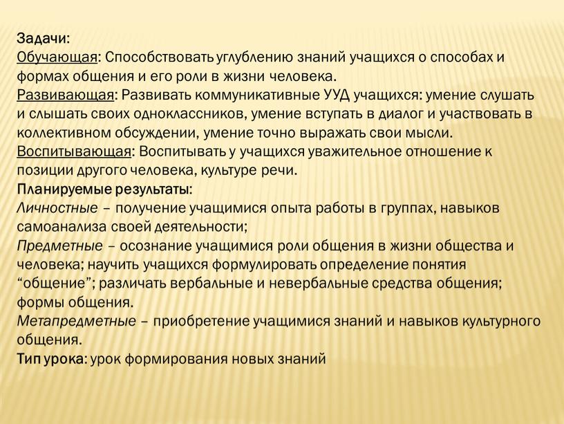 Задачи : Обучающая : Способствовать углублению знаний учащихся о способах и формах общения и его роли в жизни человека