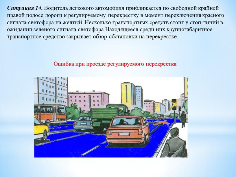 Ситуация 14. Водитель легкового автомобиля приближается по свободной крайней правой полосе дороги к регулируемому перекрестку в момент переключения красного сигнала светофора на желтый