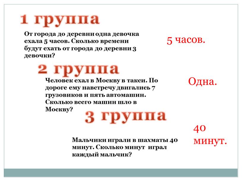 Одна. 40 минут. От города до деревни одна девочка ехала 5 часов