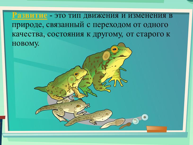 Развитие - это тип движения и изменения в природе, связанный с переходом от одного качества, состояния к другому, от старого к новому