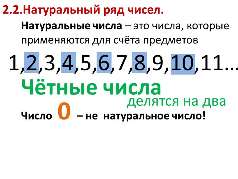 Натуральный ряд чисел. Натуральные числа – это числа, которые применяются для счёта предметов 1,2,3,4,5,6,7,8,9,10,11…