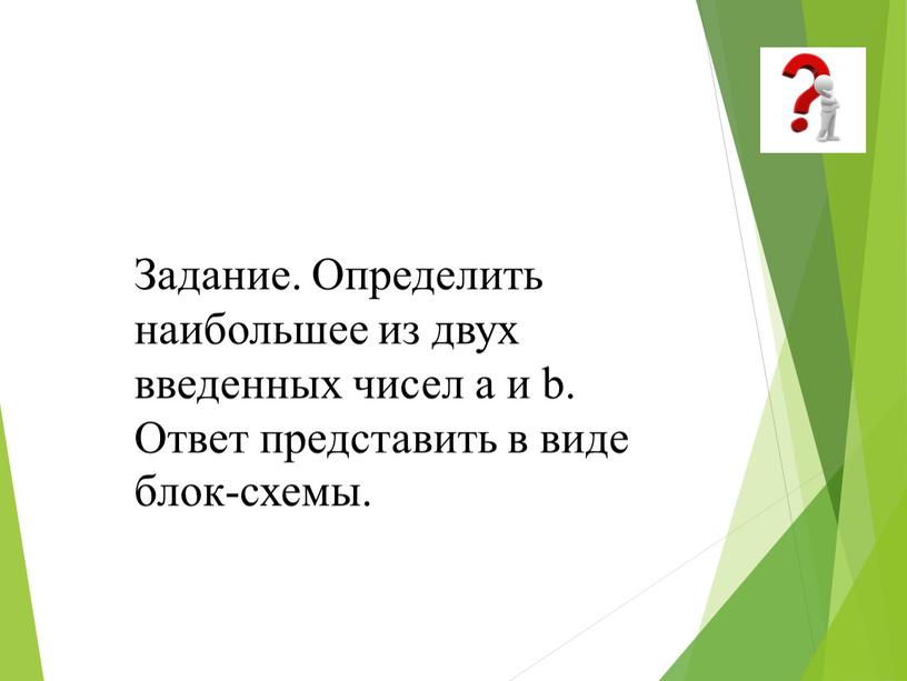 Задание. Определить наибольшее из двух введенных чисел a и b