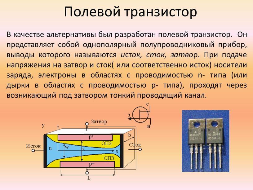 Полевой транзистор В качестве альтернативы был разработан полевой транзистор