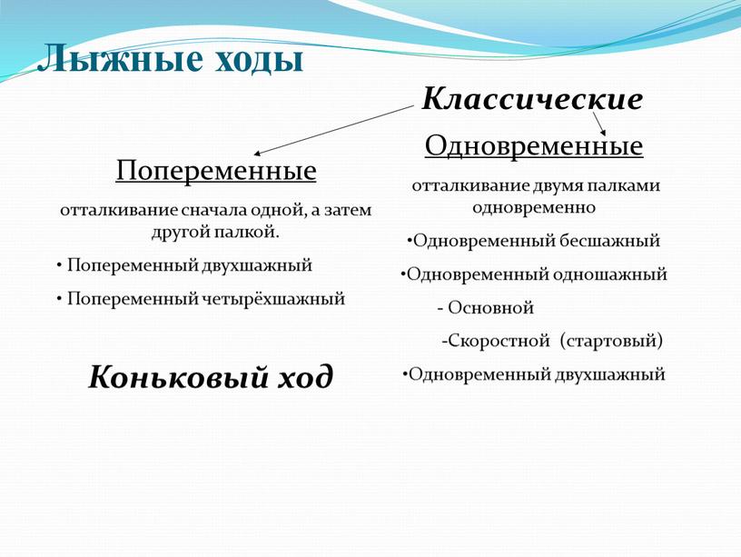 Лыжные ходы Попеременные отталкивание сначала одной, а затем другой палкой