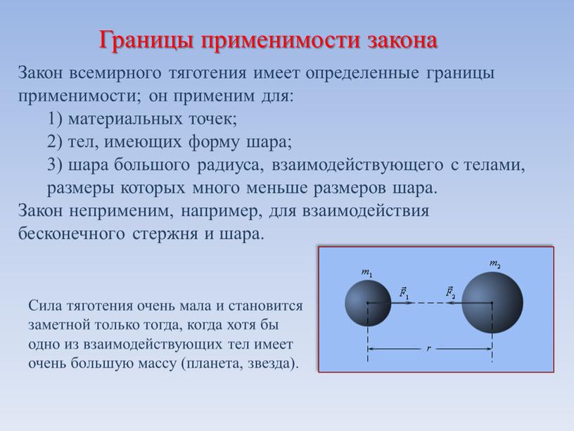 Границы применимости закона Закон всемирного тяготения имеет определенные границы применимости; он применим для: 1) материальных точек; 2) тел, имеющих форму шара; 3) шара большого радиуса,…