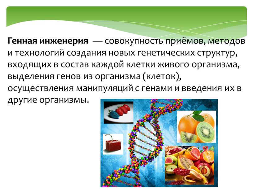 Генная инженерия — совокупность приёмов, методов и технологий создания новых генетических структур, входящих в состав каждой клетки живого организма, выделения генов из организма (клеток), осуществления…