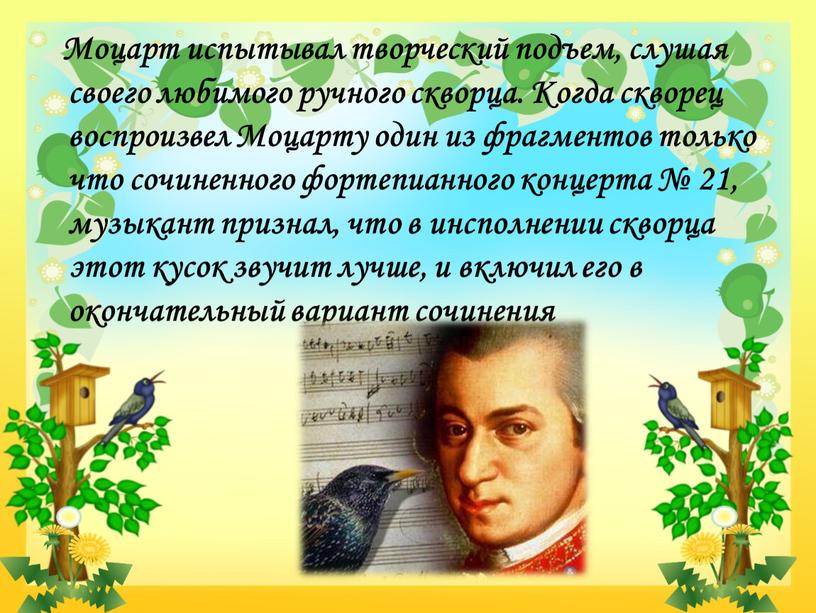 Моцарт испытывал творческий подъем, слушая своего любимого ручного скворца