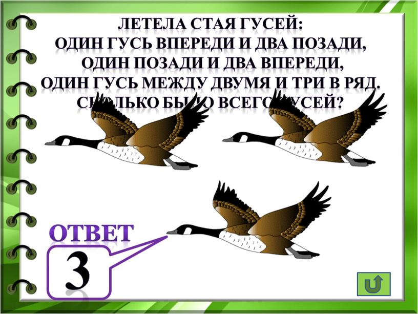 Летела стая гусей: один гусь впереди и два позади, один позади и два впереди, один гусь между двумя и три в ряд