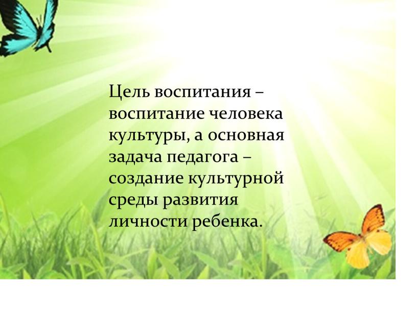 Цель воспитания – воспитание человека культуры, а основная задача педагога – создание культурной среды развития личности ребенка