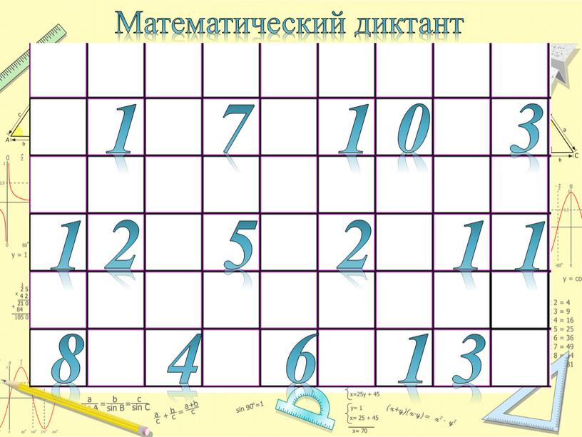 Математический диктант 1 1 3 0 7 2 5 2 1 4 8 1 1 1 6 3