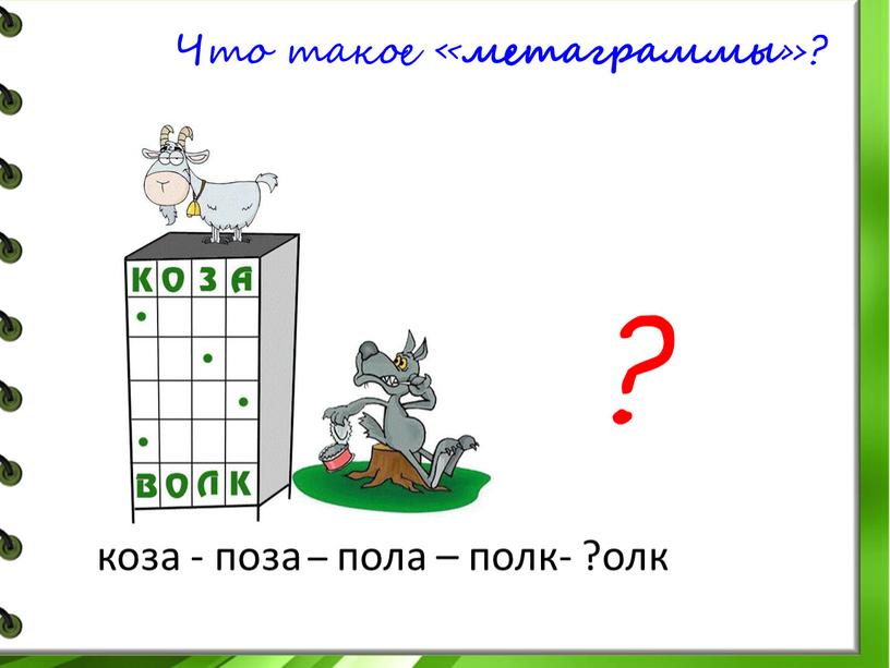 Что такое « метаграммы »? коза - поза – пола – полк- ?олк ?