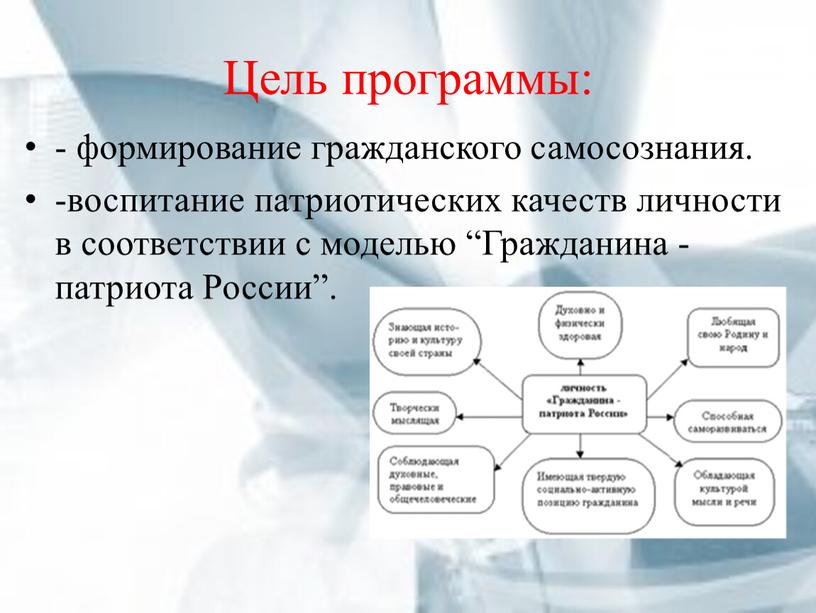 Цель программы: - формирование гражданского самосознания