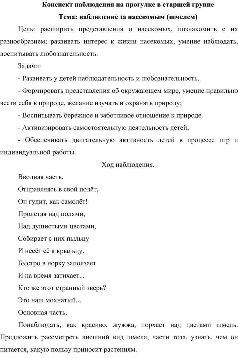 Конспект наблюдения на прогулке в старшей группе