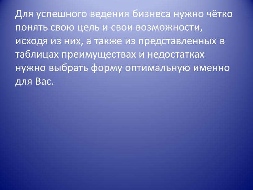 Для успешного ведения бизнеса нужно чётко понять свою цель и свои возможности, исходя из них, а также из представленных в таблицах преимуществах и недостатках нужно…