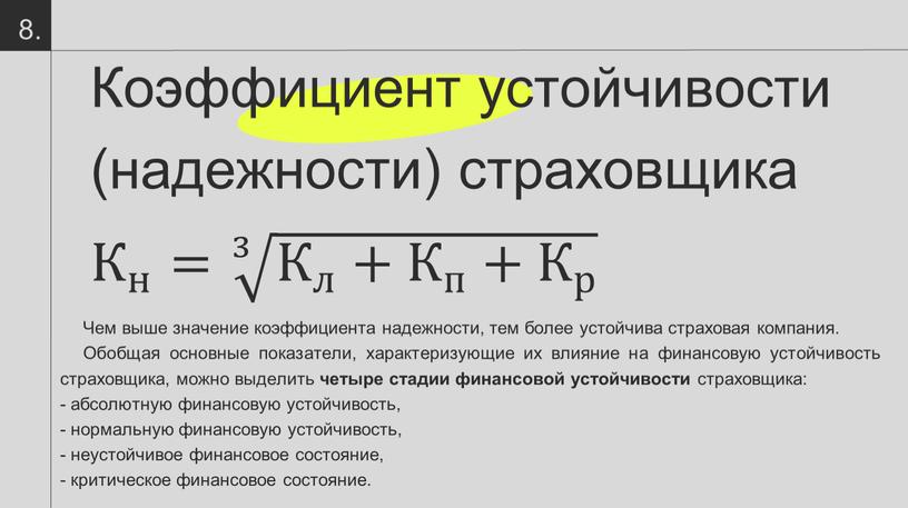 Коэффициент устойчивости (надежности) страховщика