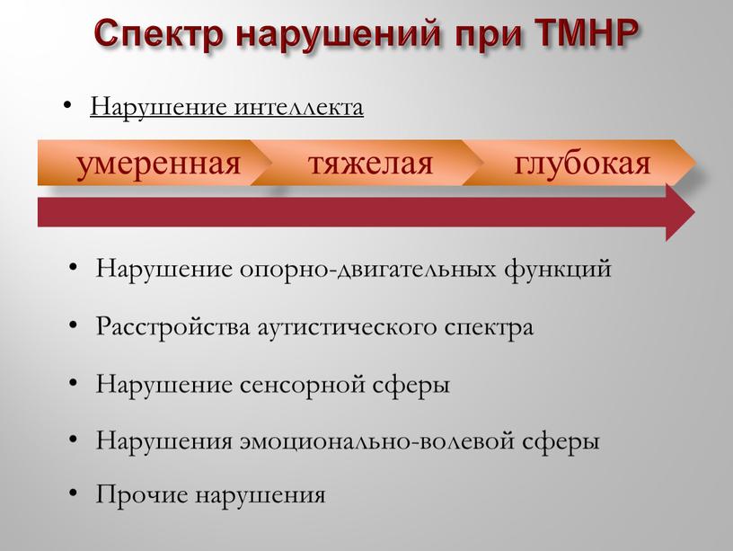 Спектр нарушений при ТМНР Нарушение интеллекта