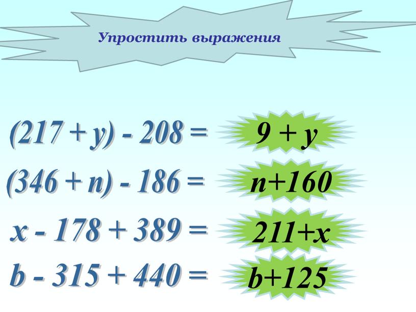 (217 + у) - 208 = (346 + п) - 186 = 9 + y b+125 х - 178 + 389 = b - 315…