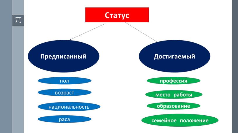 Статус Предписанный Достигаемый пол возраст национальность раса образование место работы профессия семейное положение