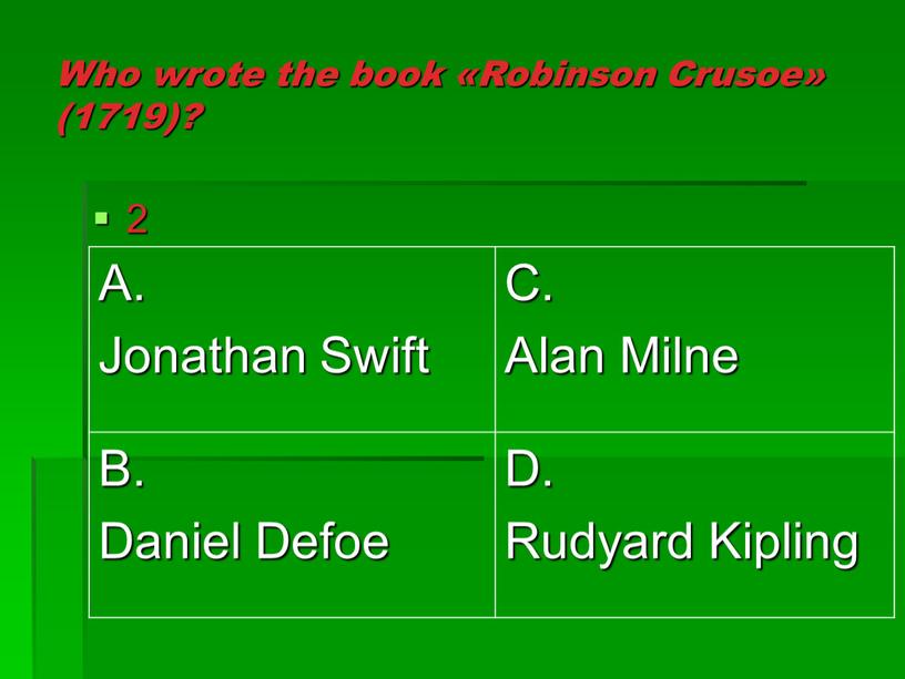 Who wrote the book «Robinson Crusoe» (1719)? 2