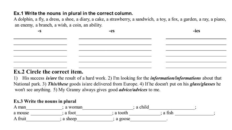 Ex.1 Write the nouns in plural in the correct column