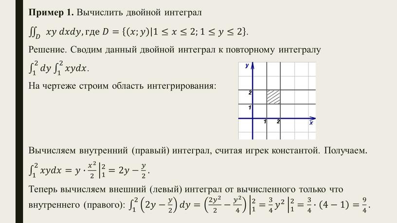 Пример 1. Вычислить двойной интеграл 𝐷 𝑥𝑦 𝑑𝑥𝑑𝑦, где 𝐷= 𝑥;𝑦 1≤𝑥≤2;1≤𝑦≤2 𝐷𝐷 𝐷 𝑥𝑦 𝑑𝑥𝑑𝑦, где 𝐷= 𝑥;𝑦 1≤𝑥≤2;1≤𝑦≤2 𝐷 𝑥𝑦 𝑑𝑥𝑑𝑦, где 𝐷=…