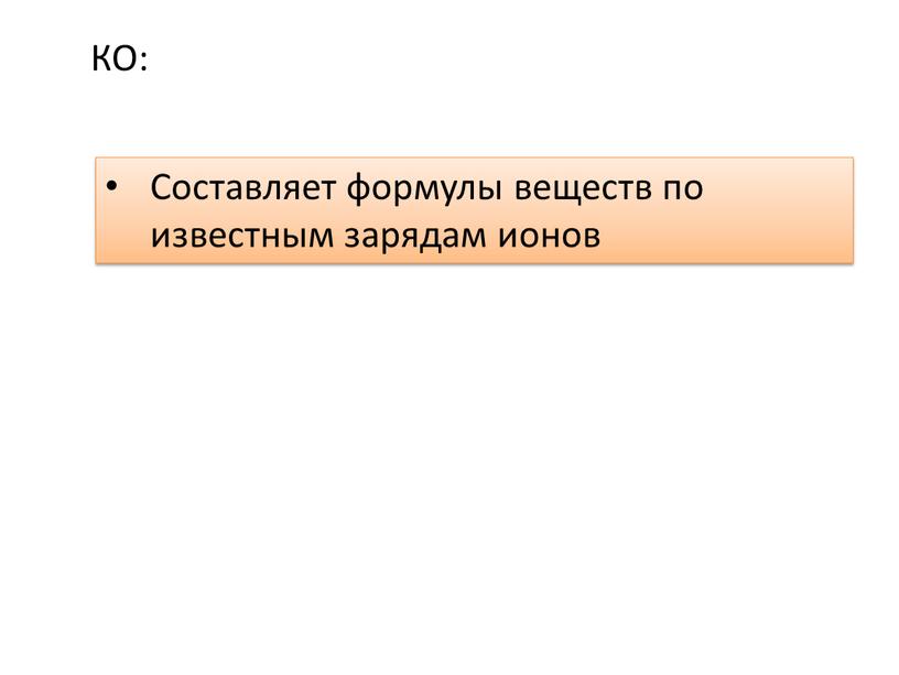 КО: Составляет формулы веществ по известным зарядам ионов