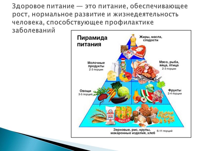 Здоровое питание — это питание, обеспечивающее рост, нормальное развитие и жизнедеятельность человека, способствующее профилактике заболеваний