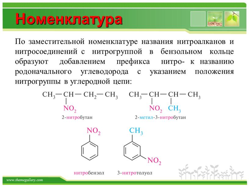 Номенклатура По заместительной номенклатуре названия нитроалканов и нитросоединений с нитрогруппой в бензольном кольце образуют добавлением префикса нитро- к названию родоначального углеводорода с указанием положения нитрогруппы…