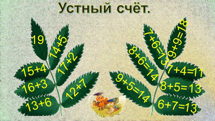 Устный счёт. 19 15+ 16+ 13+ 14+ 17+ 12+ 9+5= 8+6= 7+6= 6+7= 8+5= 7+4= 9+9= 4 3 6 5 2 7 14 14 13…