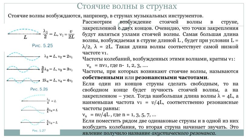 Стоячие волны в струнах Стоячие волны возбуждаются, например, в струнах музыкальных инструментов