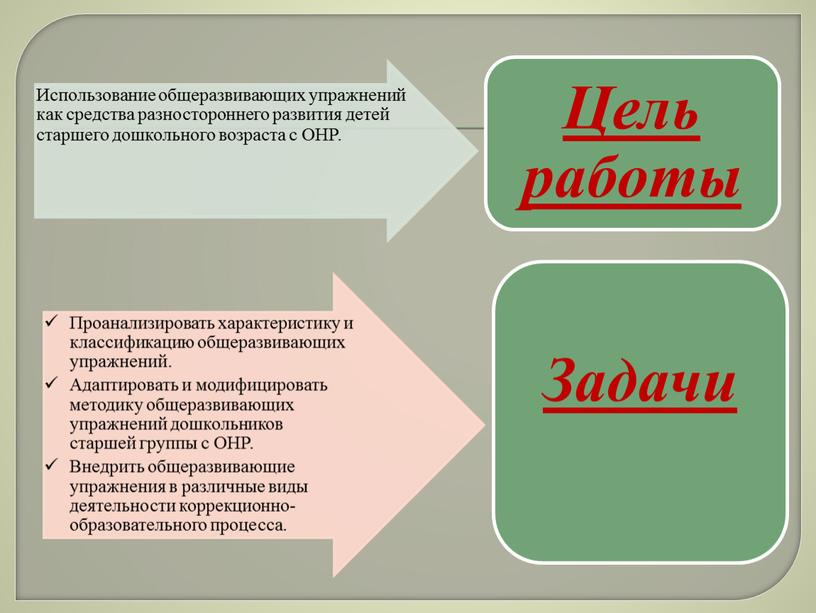 ПРЕЗЕНТАЦИЯ ПО ОБОБЩЕНИЮ ОПЫТА РАБОТЫ «ОБЩЕРАЗВИВАЮЩИЕ УПРАЖНЕНИЕ – ОДНО ИЗ СРЕДСТВ РАЗНОСТОРОННЕГО РАЗВИТИЯ ДЕТЕЙ ДОШКОЛЬНОГО ВОЗРАСТА С ОБЩИМ НЕДОРАЗВИТИЕМ РЕЧИ»