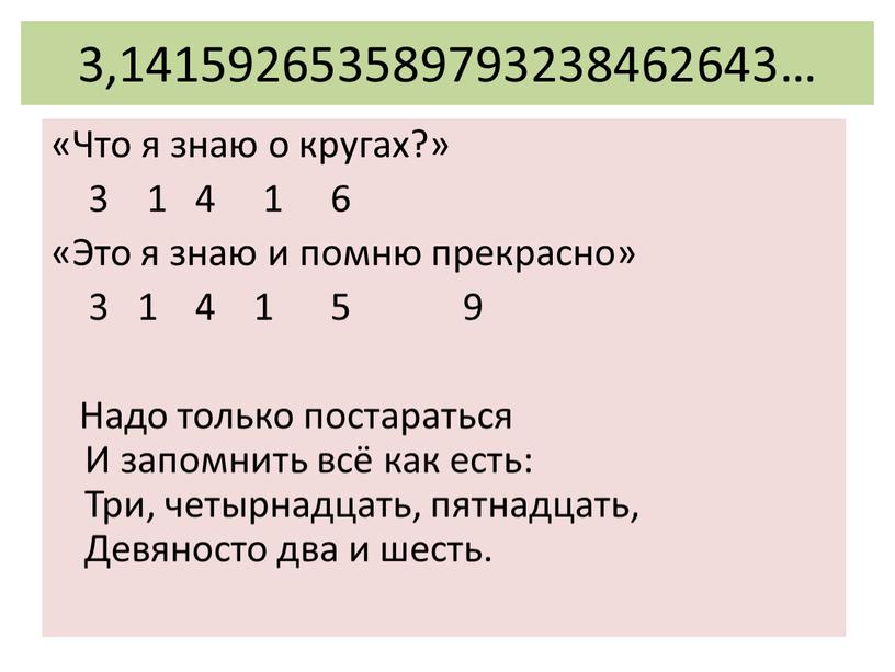 Что я знаю о кругах?» 3 1 4 1 6 «Это я знаю и помню прекрасно» 3 1 4 1 5 9