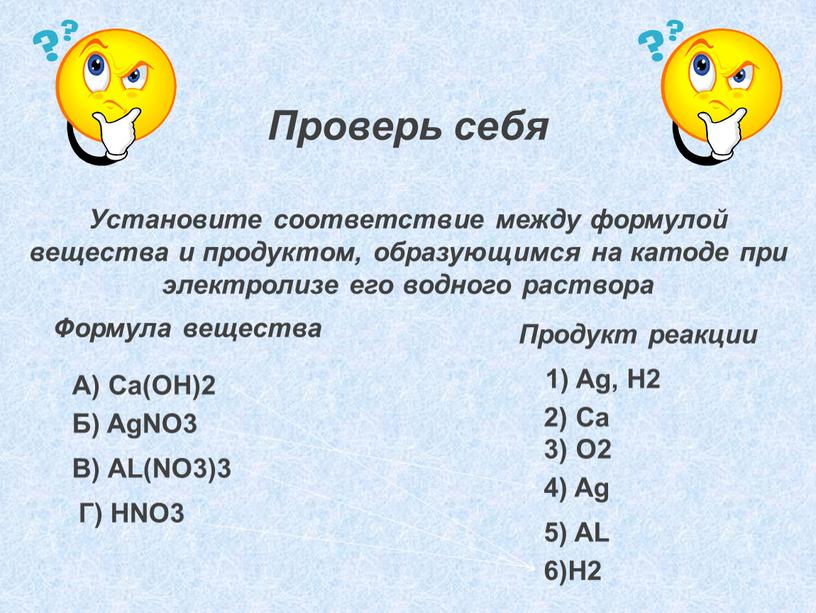 Проверь себя Установите соответствие между формулой вещества и продуктом, образующимся на катоде при электролизе его водного раствора