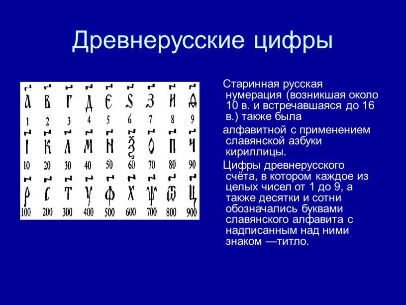Древнерусские цифры Старинная русская нумерация (возникшая около 10 в