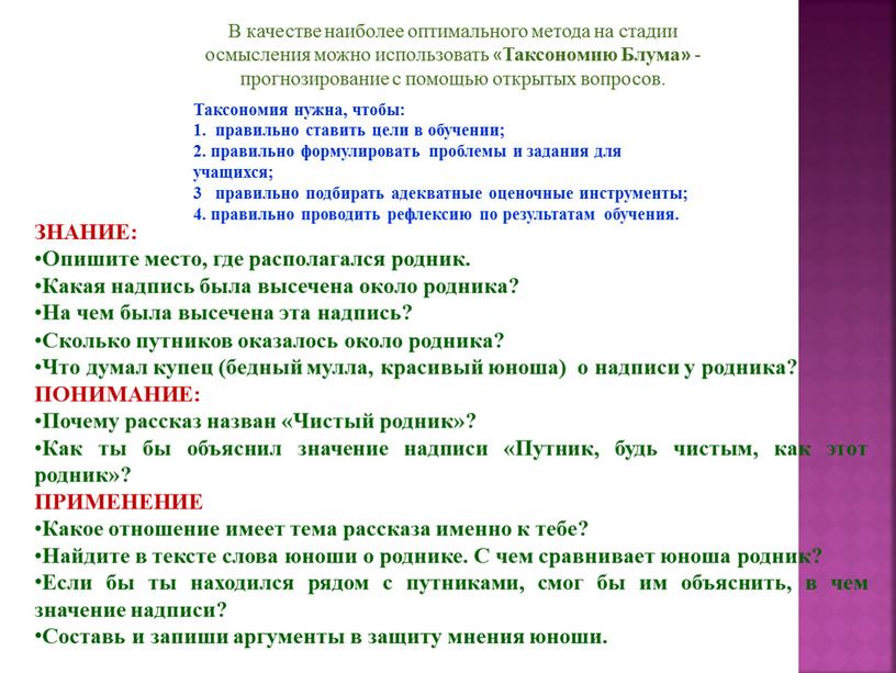 В качестве наиболее оптимального метода на стадии осмысления можно использовать «