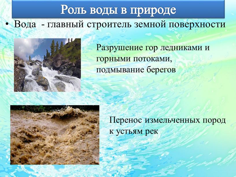Роль воды в природе Вода - главный строитель земной поверхности