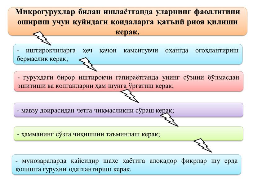 Микрогуруҳлар билан ишлаётганда уларнинг фаоллигини ошириш учун қуйидаги қоидаларга қатъий риоя қилиши керак