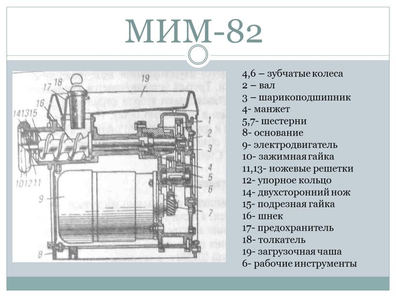 МИМ-82 4,6 – зубчатые колеса 2 – вал 3 – шарикоподшипник 4- манжет 5,7- шестерни 8- основание 9- электродвигатель 10- зажимная гайка 11,13- ножевые решетки…