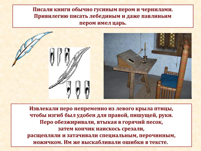 Писали книги обычно гусиным пером и чернилами