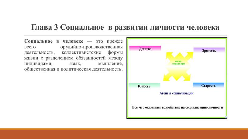 Социальное в человеке — это прежде всего орудийно-производственная деятельность, коллективистские формы жизни с разделением обязанностей между индивидами, язык, мышление, общественная и политическая деятельность