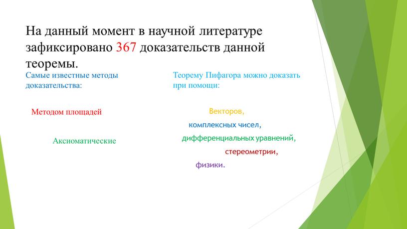 На данный момент в научной литературе зафиксировано 367 доказательств данной теоремы