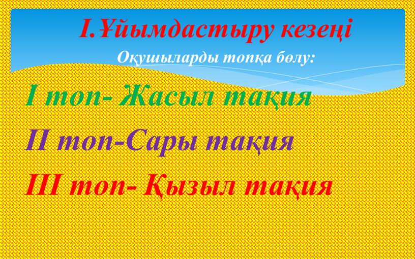 Оқушыларды топқа бөлу: І топ- Жасыл тақия ІІ топ-Сары тақия ІІІ топ- Қызыл тақия