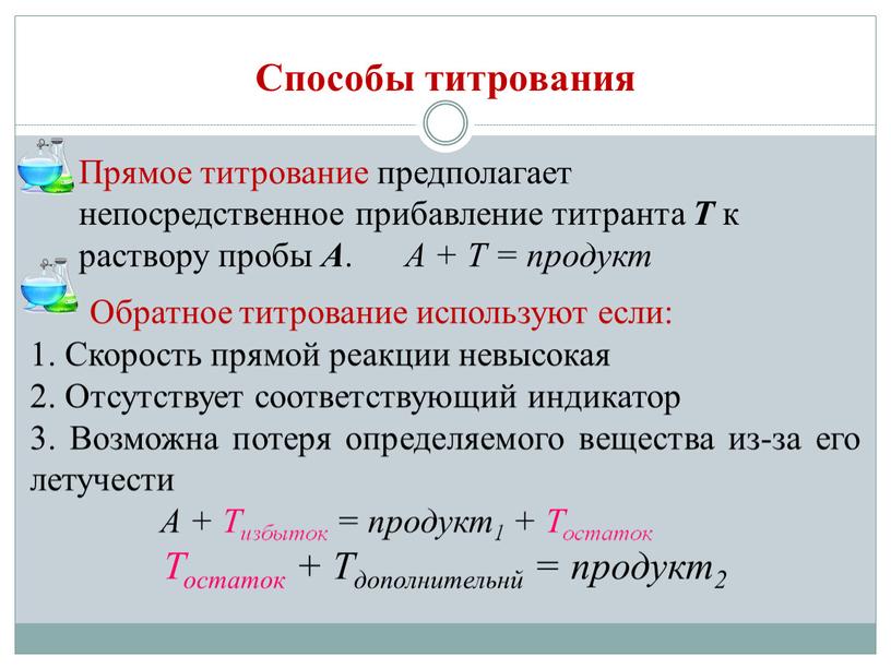 Способы титрования Прямое титрование предполагает непосредственное прибавление титранта