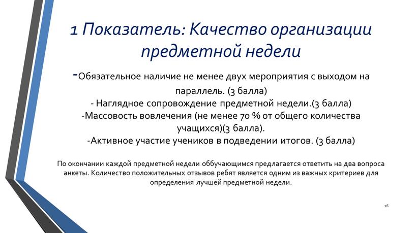 Показатель: Качество организации предметной недели -