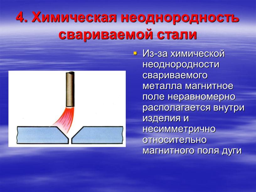 Из-за химической неоднородности свариваемого металла магнитное поле неравномерно располагается внутри изделия и несимметрично относительно магнитного поля дуги 4