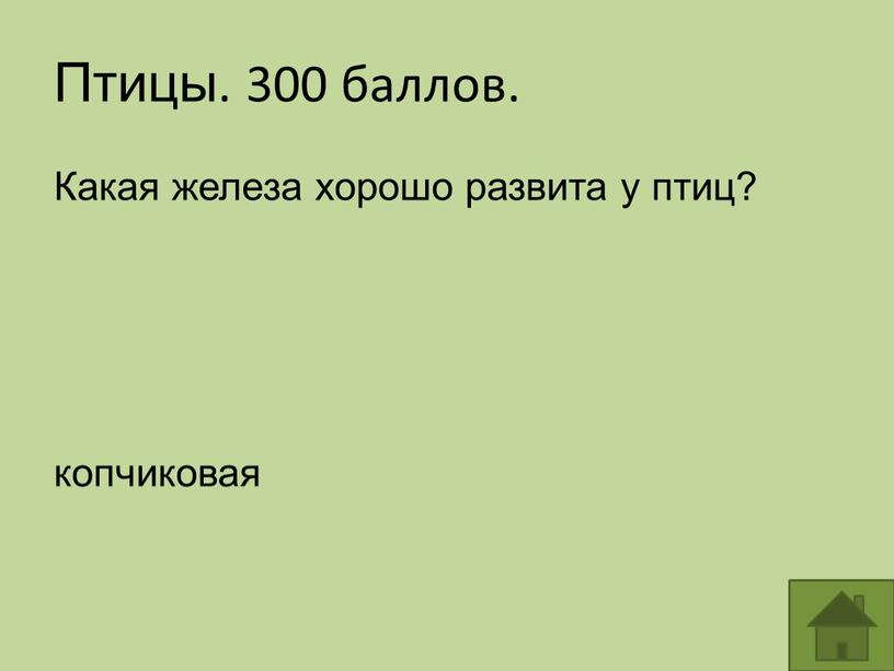 Птицы. 300 баллов. Какая железа хорошо развита у птиц? копчиковая