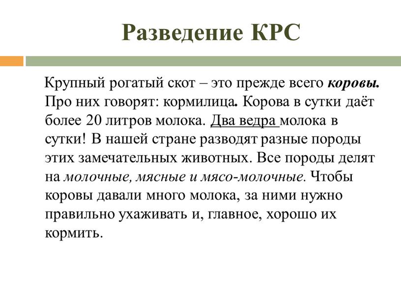 Разведение КРС Крупный рогатый скот – это прежде всего коровы